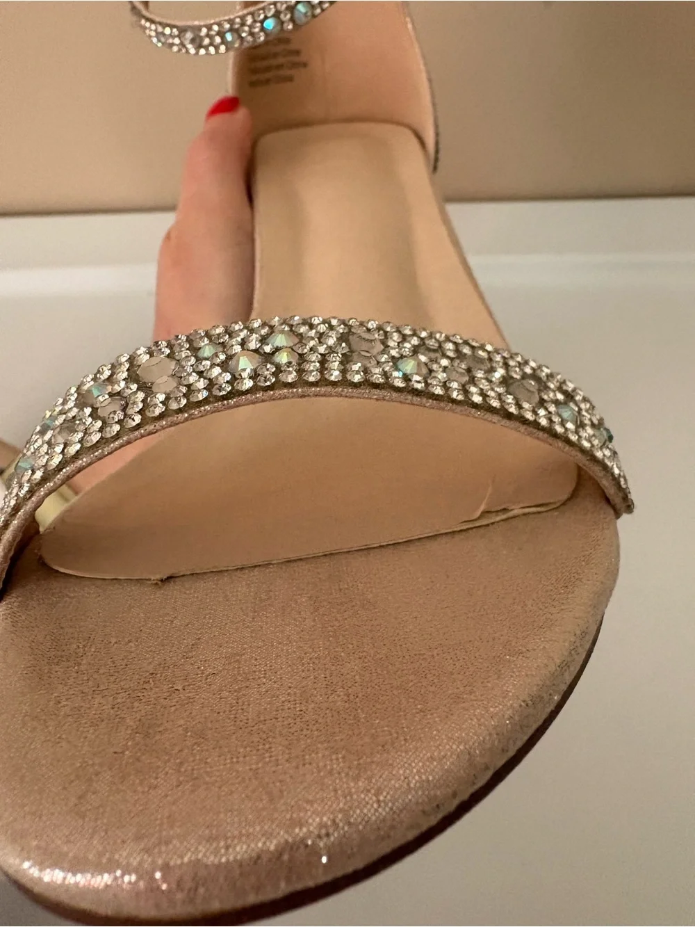 David's Bridal Champagne Blush Rhinestone Wedge Sandals Sz 7.5